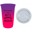 Copo Descartável 300 ml Jateado Bicolor Roxo Fluor x Rosa Fluor Só Com Tampa