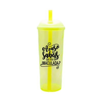 Copo Long Drink Acaso Não Sabeis com Tampa e Canudo Amarelo Neon