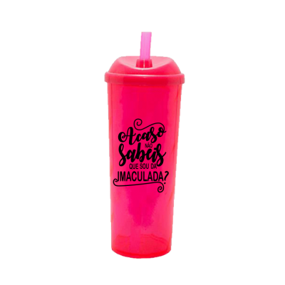 Copo Long Drink Acaso Não Sabeis com Tampa e Canudo Rosa Neon