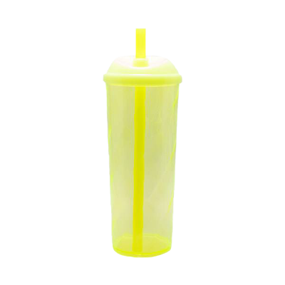 Copo Long Drink Amarelo Neon com Tampa e Canudo 