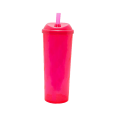 Copo Long Drink Rosa Neon com Tampa e Canudo