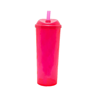 Copo Long Drink Rosa Neon com Tampa e Canudo