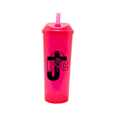 Copo Long Drink EJC com Tampa e Canudo Rosa Neon