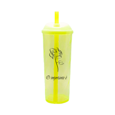 Copo Long Drink O Importante e a Rosa com Tampa e Canudo Amarelo Neon