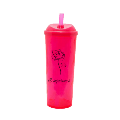 Copo Long Drink O Importante e a Rosa com Tampa e Canudo Rosa Neon