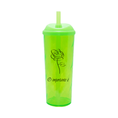 Copo Long Drink O Importante e a Rosa com Tampa e Canudo Verde Neon