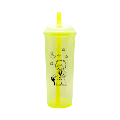 Copo Long Drink Pequeno Príncipe com Tampa e Canudo Amarelo Neon