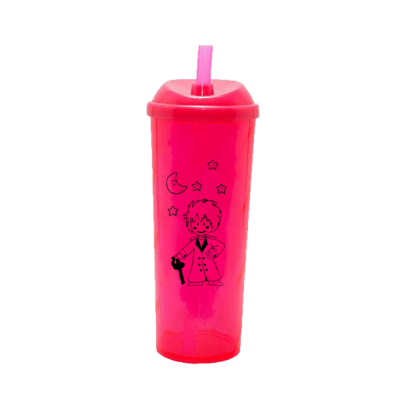 Copo Long Drink Pequeno Príncipe com Tampa e Canudo Rosa Neon