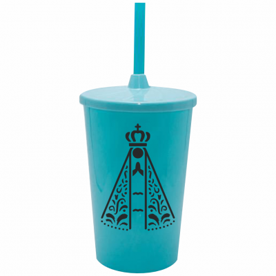 Copo Twister 500 ml Nossa Senhora com Tampa e Canudo Azul Tiffany