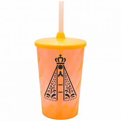 Copo Twister 500 ml Nossa Senhora com Tampa e Canudo Laranja Neon