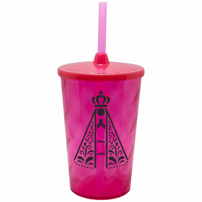 Copo Twister 500 ml Nossa Senhora com Tampa e Canudo Rosa Neon