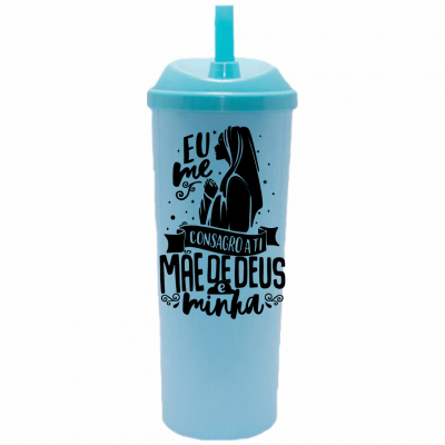 Copo Long Drink Mãe de Deus com Tampa e Canudo Azul Tiffany