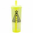 Copo Long Drink Nossa Senhora com Tampa e Canudo Amarelo Neon