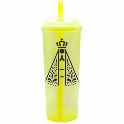 Copo Long Drink Nossa Senhora com Tampa e Canudo Amarelo Neon