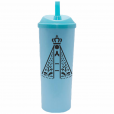 Copo Long Drink Nossa Senhora com Tampa e Canudo Azul Tiffany