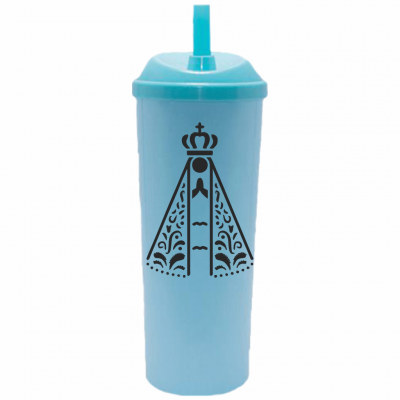 Copo Long Drink Nossa Senhora com Tampa e Canudo Azul Tiffany