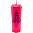 Copo Long Drink Nossa Senhora com Tampa e Canudo Rosa Neon