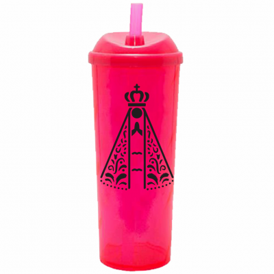 Copo Long Drink Nossa Senhora com Tampa e Canudo Rosa Neon