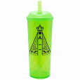 Copo Long Drink Nossa Senhora com Tampa e Canudo Verde Neon