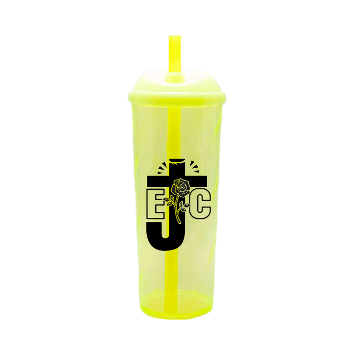 Copo Long Drink Ejc Com Tampa E Canudo Amarelo Neon